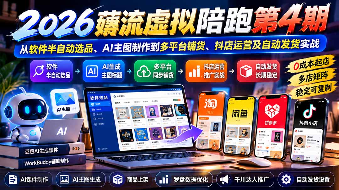 2026薅流虚拟陪跑第4期：从软件半自动选品、AI主图制作到多平台铺货、抖店运营及自动发货实战-鼎铸网