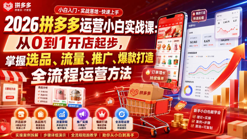 2d073aa57b8e37704343dd55233cf79a.jpeg 2026拼多多运营小白实战课:从0到1开店起步,掌握选品、流量、推广、爆款打造全流程运营方法