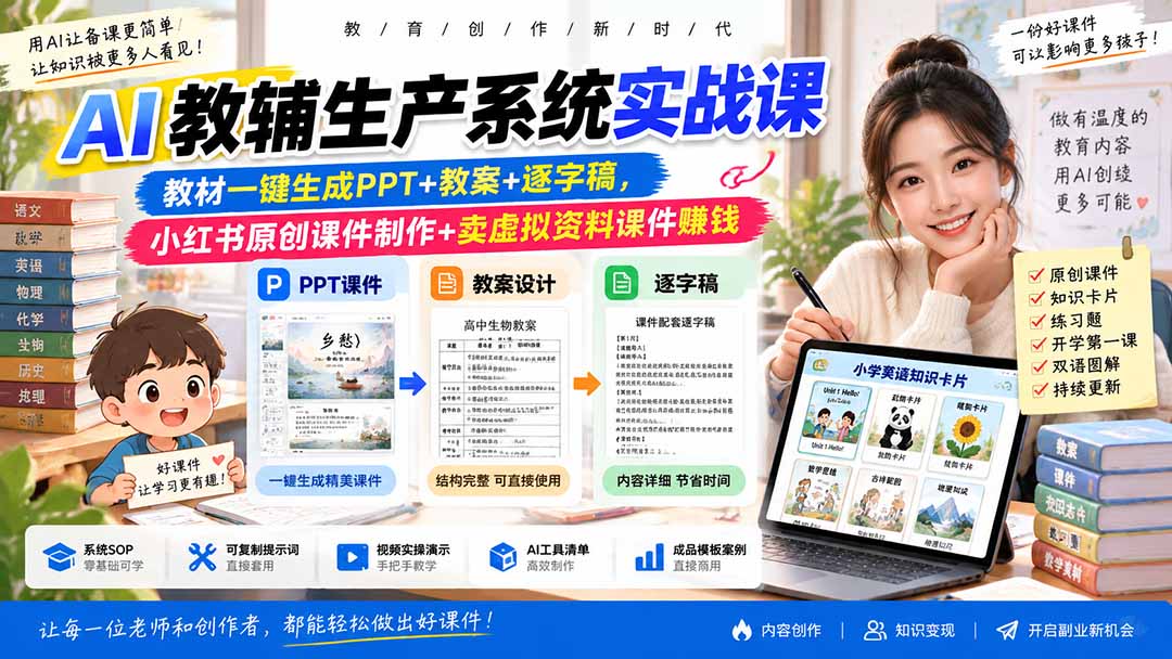 AI教辅生产系统实战课-更新0926｜教材一键生成PPT+教案+逐字稿，小红书原创课件制作+卖虚拟资料课件赚钱-鼎铸网