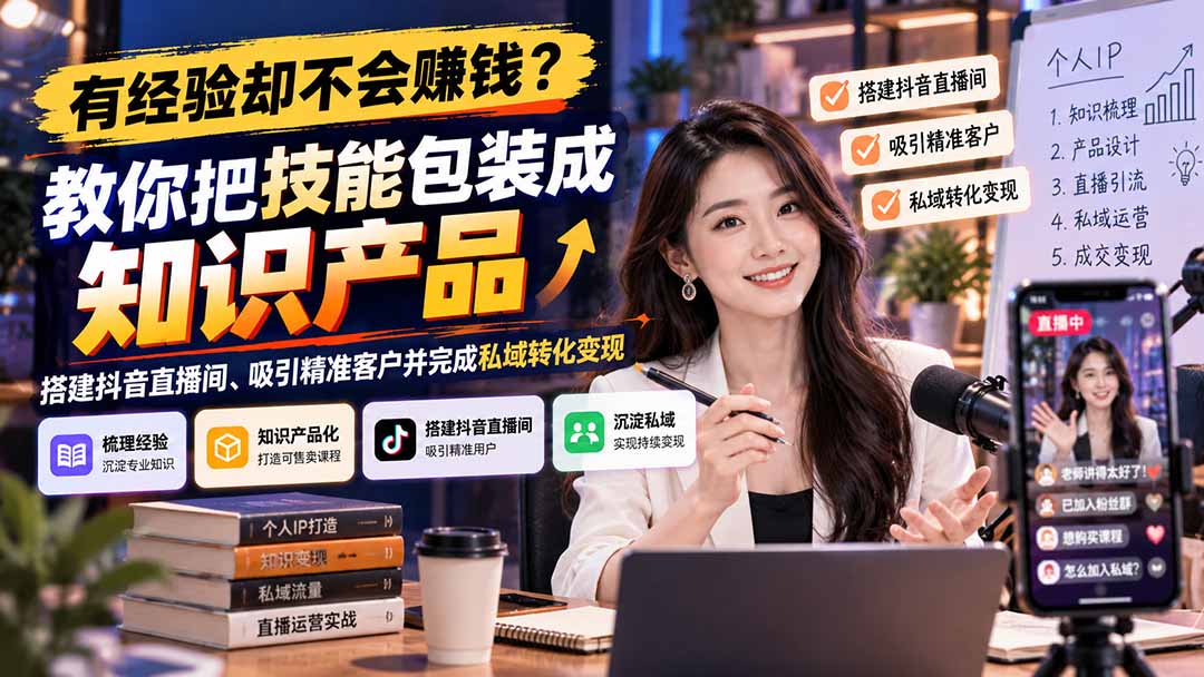 有经验却不会赚钱？教你把技能包装成知识产品，搭建抖音直播间、吸引精准客户并完成私域转化变现-鼎铸网