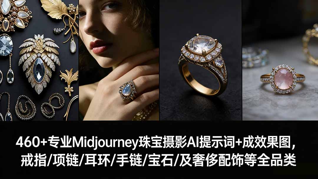 460+专业Midjourney珠宝摄影AI提示词+成效果图，戒指/项链/耳环/手链/宝石/及奢侈配饰等全品类-鼎铸网