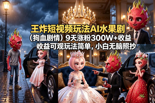 301a002675eec1b586670dc447922971.jpeg 王炸短视频玩法AI水果剧(狗血剧情)9天涨粉300W+收益可观玩法简单,小白无脑照抄,详细拆解玩法