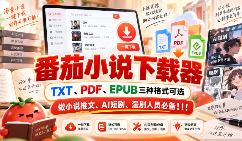 番茄小说下载器，TXT、PDF、EPUB三种格式可选，做小说推文、AI短剧、漫剧人员必备！！！-鼎铸网
