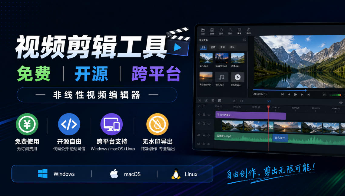 视频剪辑工具，免费、开源、跨平台，非线性视频编辑器，支持Windows、macOS、Linux，无水印、无订阅费用-鼎铸网