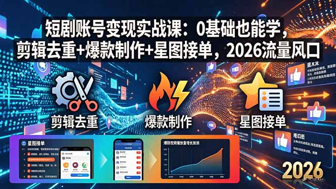 短剧账号变现实战课:0基础也能学,剪辑去重+爆款制作+星图接单,2026流量风口-鼎铸网
