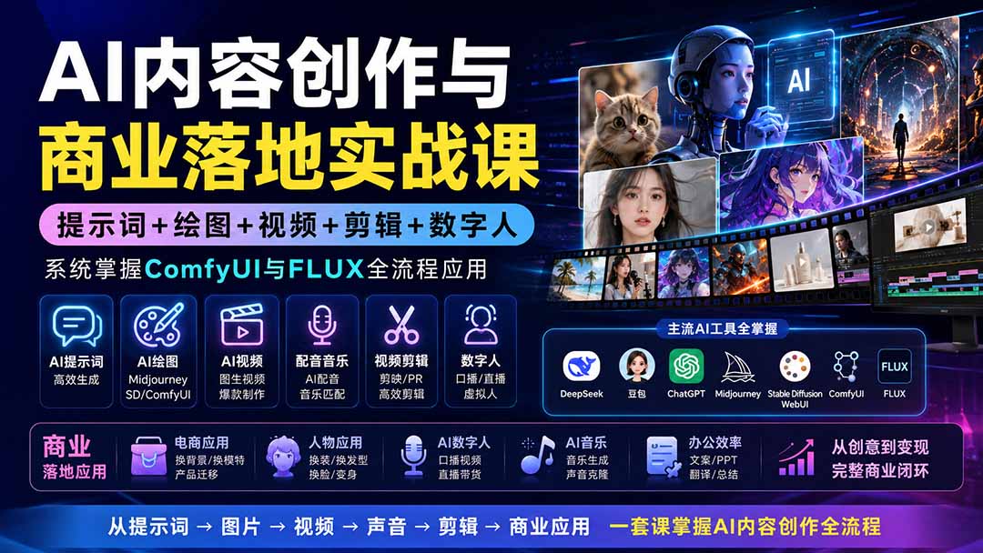 AI内容创作与商业落地实战课：提示词+绘图+视频+剪辑+数字人，系统掌握ComfyUI与FLUX全流程应用-鼎铸网