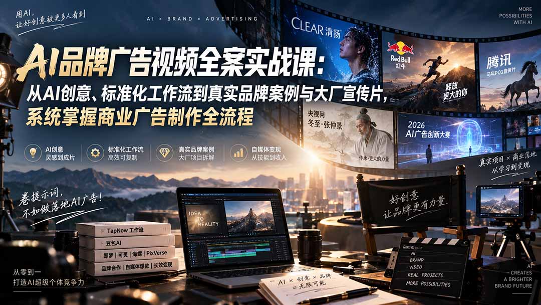 AI品牌广告视频全案实战课：从AI创意、标准化工作流到真实品牌案例与大厂宣传片，系统掌握商业广告制作全流程-鼎铸网