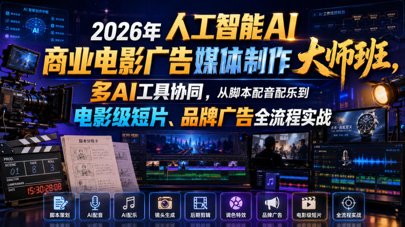 2026年人工智能AI商业电影广告媒体制作大师班,多AI工具协同,从脚本配音配乐到电影级短片、品牌广告全流程实战(中英字幕)-鼎铸网