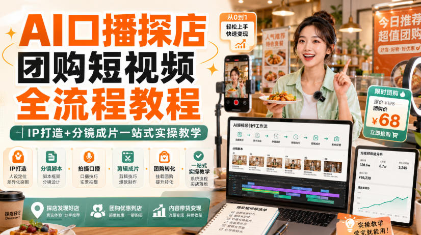 AI口播探店团购短视频全流程教程｜IP打造+分镜成片一站式实操教学-鼎铸网