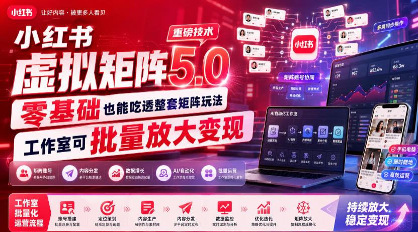 小红书虚拟矩阵5.0重磅技术，零基础也能吃透整套矩阵玩法，工作室可批量放大变现-鼎铸网