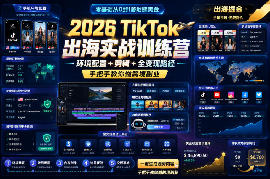 2026 TikTok出海实战训练营，环境配置 + 剪辑 + 全变现路径，手把手教你做跨境副业-鼎铸网