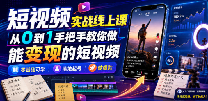 短视频实战线上课，从0到1手把手教你做能变现的短视频，零基础可学，落地起号做爆款-鼎铸网