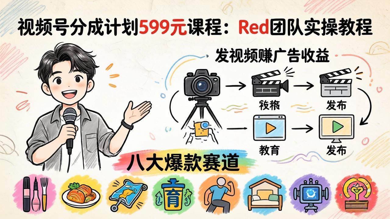 视频号分成计划599元课程:Red团队实操教程,发视频赚广告收益,八大爆款赛道全掌握-鼎铸网