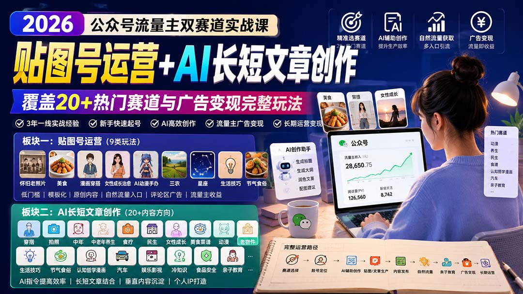 35a814698862d70201309a7f34e4fc43.jpeg 公众号流量主双赛道实战课:贴图号运营+AI长短文章创作,覆盖20+热门赛道与广告变现完整玩法