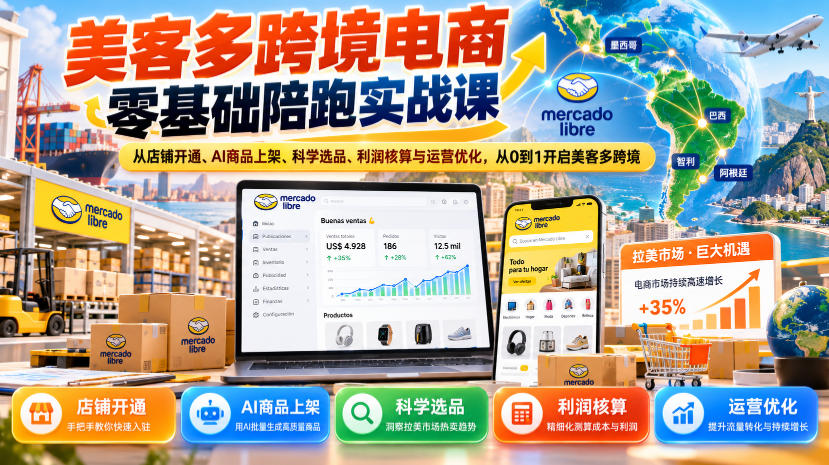 美客多跨境电商零基础陪跑实战课:从店铺开通、AI商品上架、科学选品、利润核算与运营优化,从0到1开启美客多跨境-鼎铸网