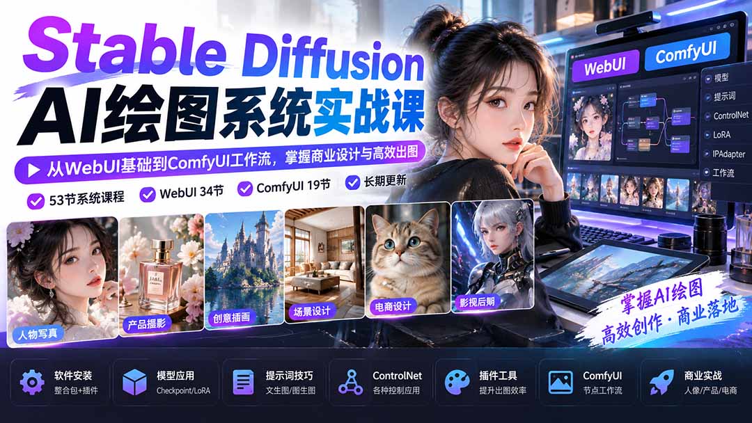 【无水印】Stable Diffusion AI绘图系统实战课：从WebUI基础到ComfyUI工作流，掌握商业设计与高效出图-鼎铸网