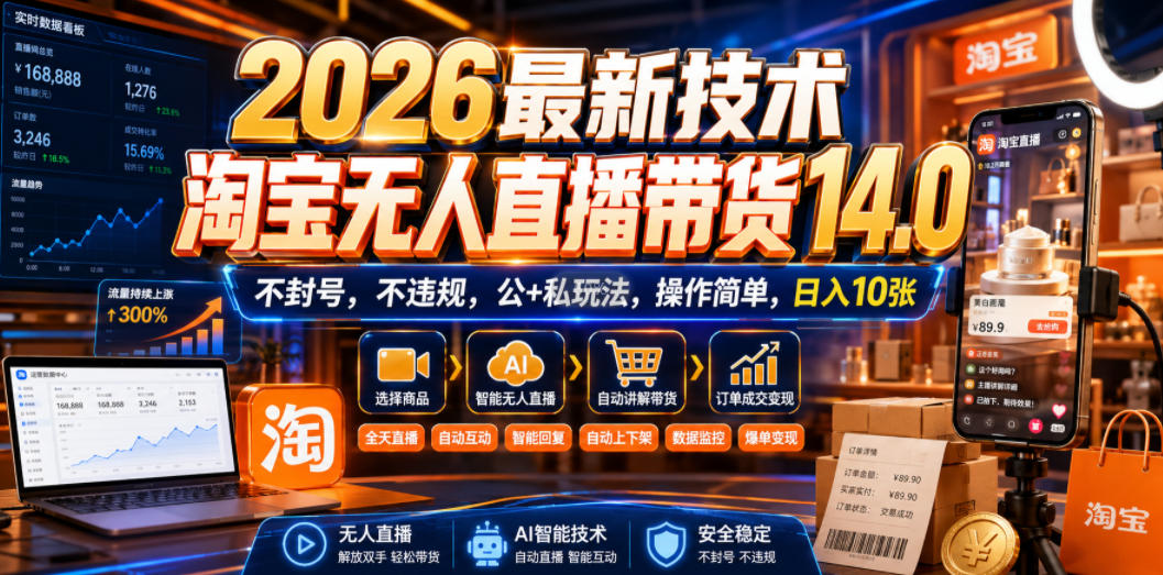 2026最新技术,淘宝无人直播带货14.0,不封号,不违规,公+私玩法,操作简单,日入10张【揭秘】-鼎铸网