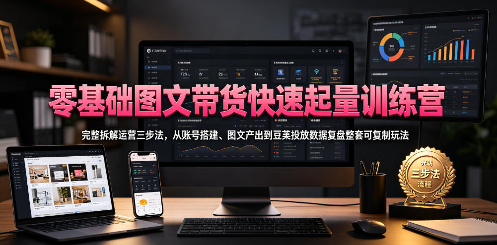 零基础图文带货快速起量训练营，完整拆解运营三步法，从账号搭建、图文产出到豆荚投放数据复盘整套可复制玩法-鼎铸网