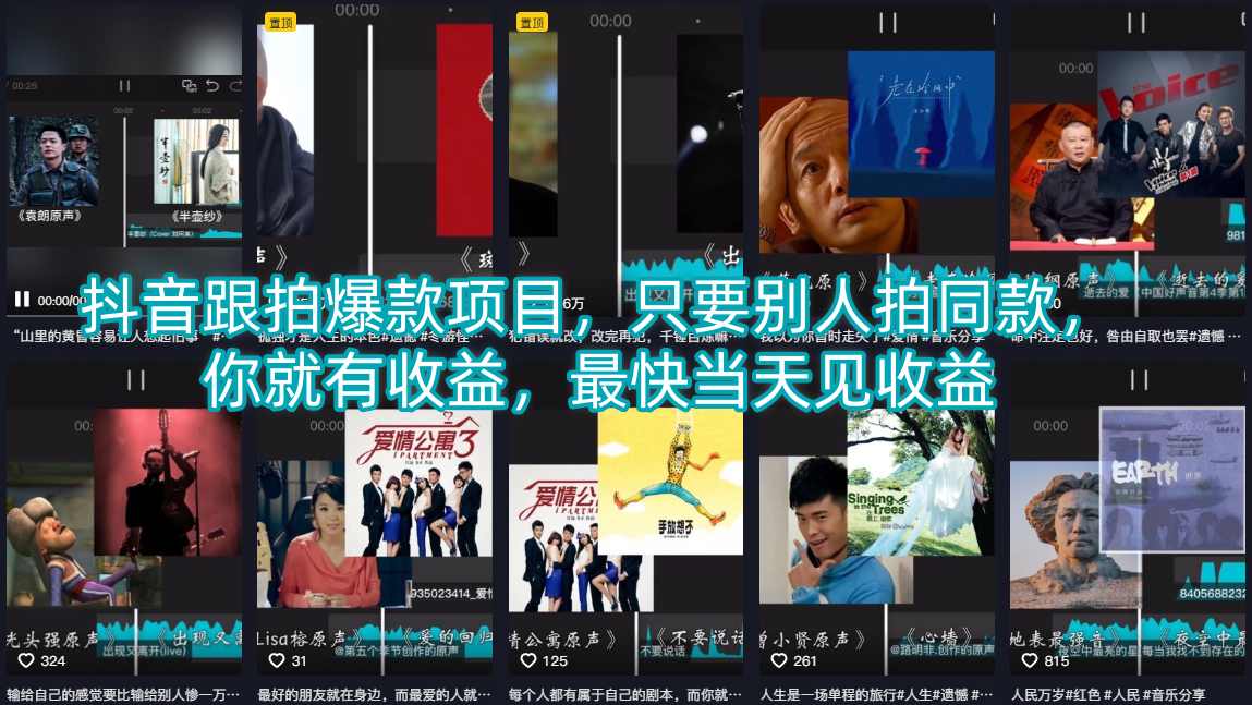 抖音跟拍爆款项目,只要别人拍同款,你就有收益,最快当天见收益-鼎铸网