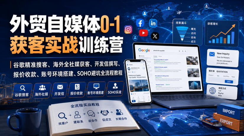 367ea2e5e7375f9439945b682c2be005.jpeg 外贸自媒体0-1获客实战训练营|谷歌精准搜客、海外全社媒获客、开发信撰写、报价收款、账号环境搭建、SOHO避坑全流程教程