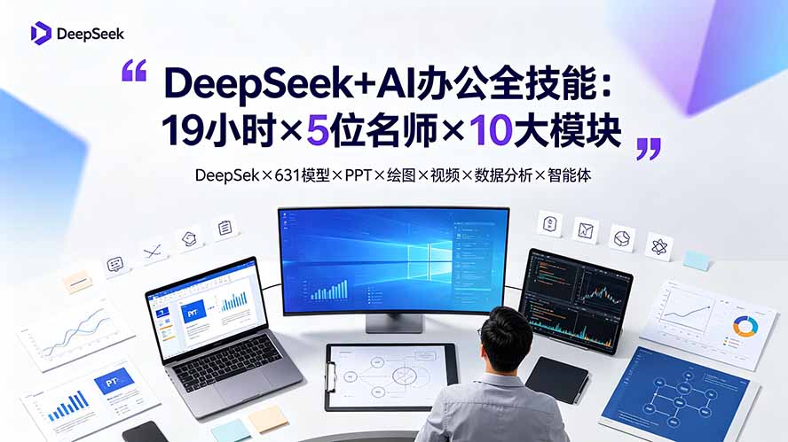 37429f1350d886c241afc0f3e2e1c9ad.jpeg DeepSeek+AI办公全技能:19小时×5位名师×10大模块,DeepSeek×631模型×PPT×绘图×视频×数据分析×智能体