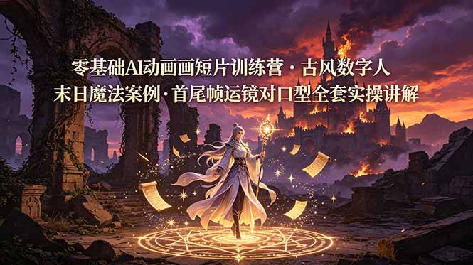 零基础AI动画短片训练营，古风数字人末日魔法案例，首尾帧运镜对口型全套实操讲解-鼎铸网