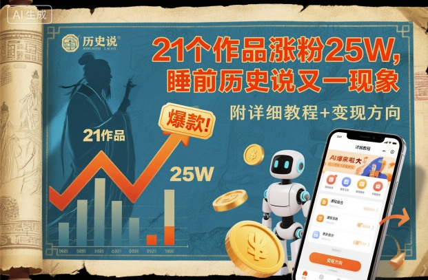 21个作品涨粉25W，睡前历史说又一现象级AI内容大爆款来啦，附详细教程+变现方向-鼎铸网