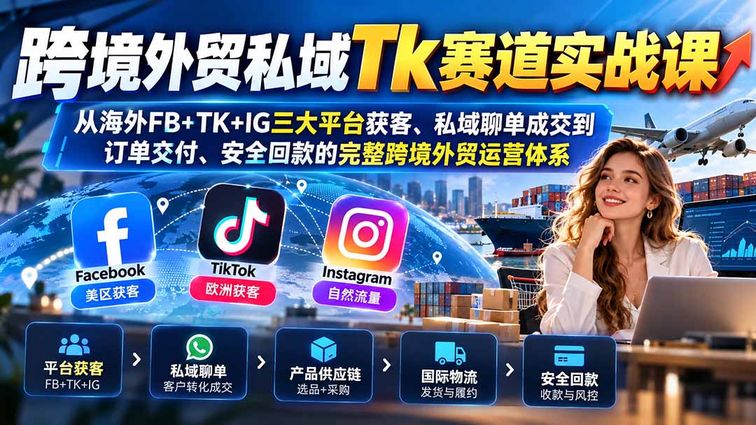跨境外贸私域Tk赛道实战课：从海外FB+TK+IG三大平台获客、私域聊单成交到订单交付、安全回款的完整跨境外贸运营体系-鼎铸网