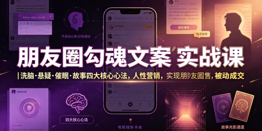 朋友圈勾魂文案实战课|洗脑·悬疑·催眠·故事四大核心心法,吃透人性营销,实现朋友圈不销而售被动成交-鼎铸网