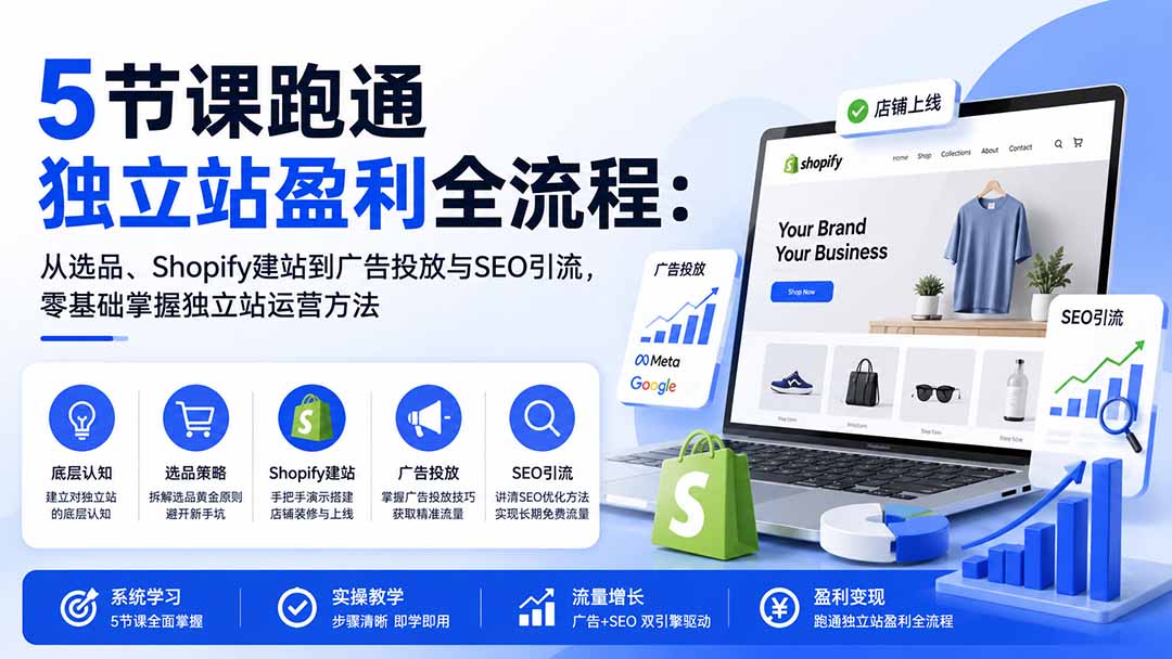 39ee05121ac64a557ee8da2ff0e9e061.jpeg 5节课跑通独立站盈利全流程:从选品、Shopify建站到广告投放与SEO引流,零基础掌握独立站运营方法