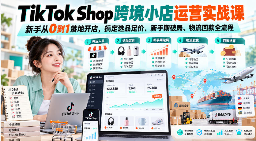 TikTok Shop跨境小店运营实战课，新手从0到1落地开店，搞定选品定价、新手期破局、物流回款全流程-鼎铸网