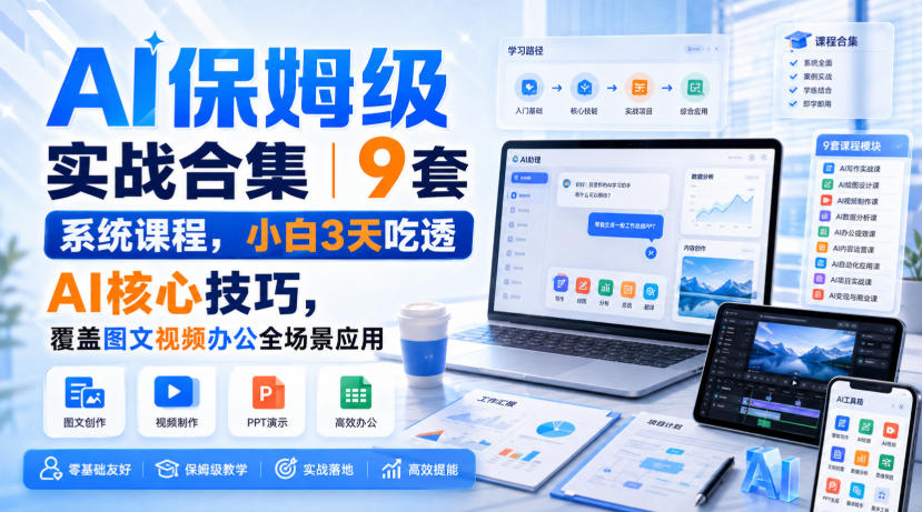 AI保姆级实战合集｜9套系统课程，小白3天吃透AI核心技巧，覆盖图文视频办公全场景应用-鼎铸网