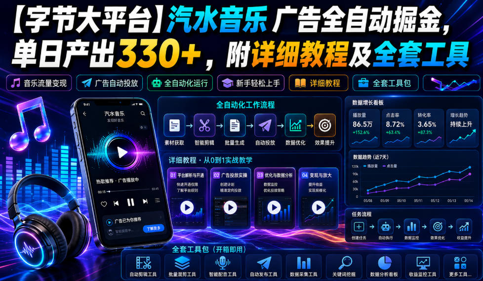 【字节大平台】汽水音乐广告全自动掘金,单日产出330+,附详细教程及全套工具【揭秘】-鼎铸网