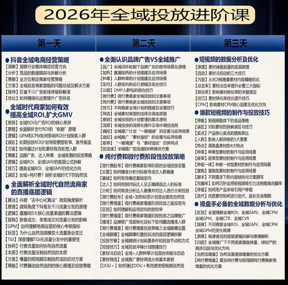 千川扫地僧2026抖音全域投放进阶课，少走弯路·快速起量·掌控增长，6月12-14号杭州线下课(更新)