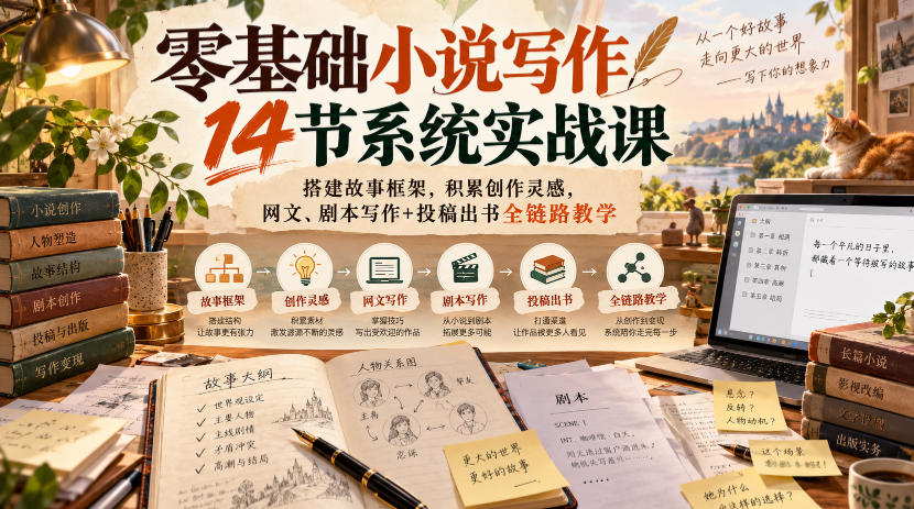 零基础小说写作14节系统实战课，搭建故事框架，积累创作灵感，网文、剧本写作+投稿出书全链路教学-鼎铸网