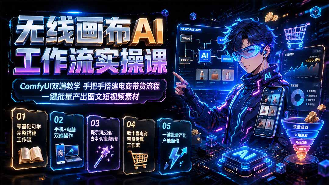 无线画布AI工作流实操课|ComfyUI双端教学,手把手搭建电商带货流程,一键批量产出图文短视频素材-鼎铸网