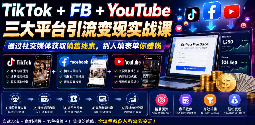 3c5c5839dc2897250c51cca604c8b346.jpeg TikTok+FB+YouTube三大平台引流变现实战课,通过社交媒体获取销售线索,别人填表单你賺钱【原创双语字幕】