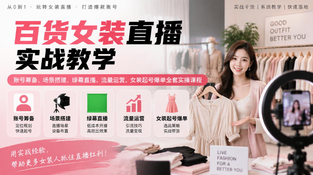 百货女装直播实战教学｜账号筹备、场景搭建、绿幕直播、流量运营、女装起号爆单全套实操课程-鼎铸网