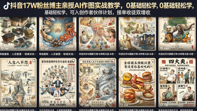 3c9edce55fd6edb36c1b29a02aa8f3a7.jpeg 抖音17W粉丝博主亲授AI作图实战教学,0基础轻松学,可入创作者伙伴计划,接单收徒双增收