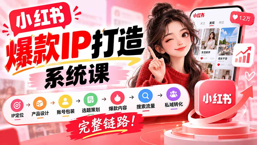 【无水印】小红书爆款IP打造课：IP定位→产品设计→账号包装→选题策划→爆款内容→搜索流量→私域转化，完整链路-鼎铸网