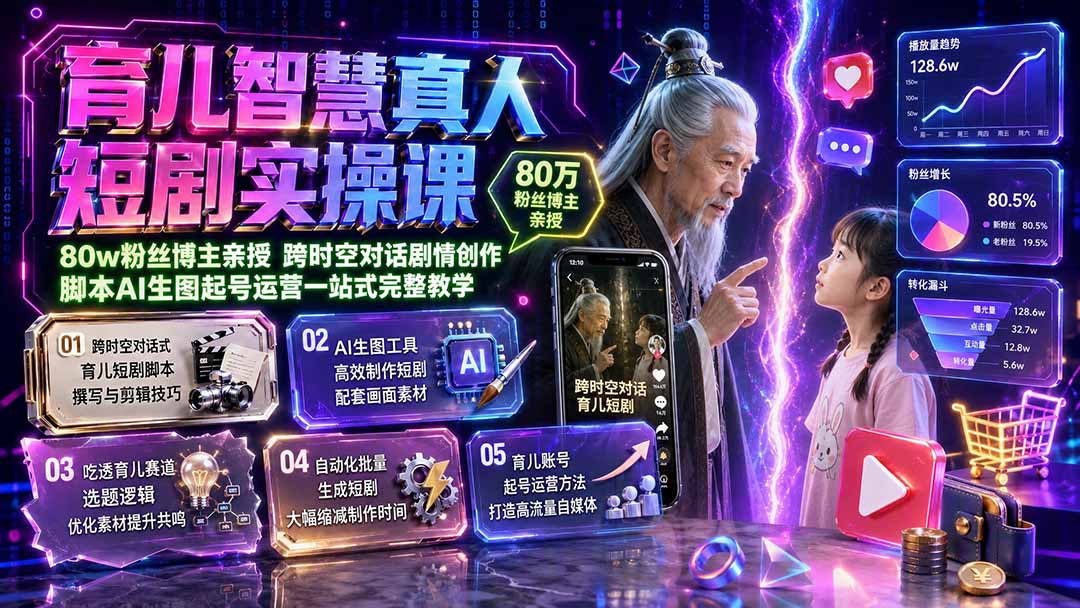 育儿智慧真人短剧实操课|80w粉丝博主亲授,跨时空对话剧情创作,脚本AI生图起号运营一站式完整教学-鼎铸网