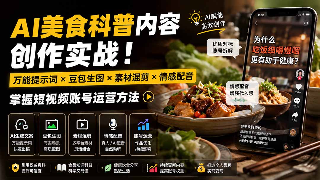 3e3de822dd74c3cb0a7f0abb2930567b.jpeg 外面卖199元-AI美食科普内容创作实战!万能提示词×豆包生图×素材混剪×情感配音,掌握短视频账号运营方法