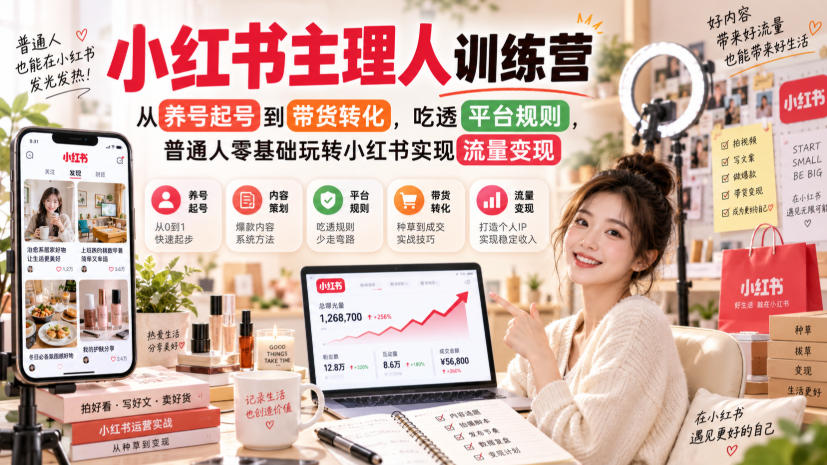 小红书主理人训练营，从养号起号到带货转化，吃透平台规则，普通人零基础玩转小红书实现流量变现-鼎铸网