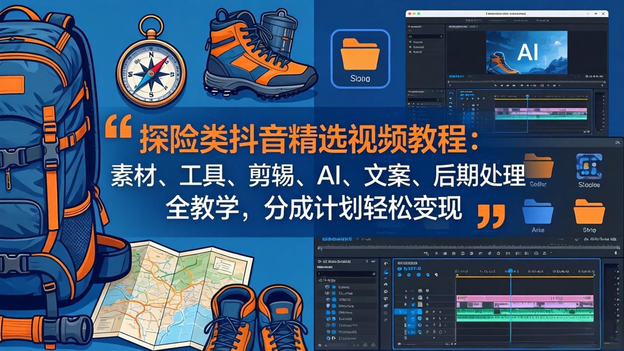 探险类抖音精选视频教程:素材、工具、剪辑、AI、文案、后期处理全教学,分成计划轻松变现-鼎铸网