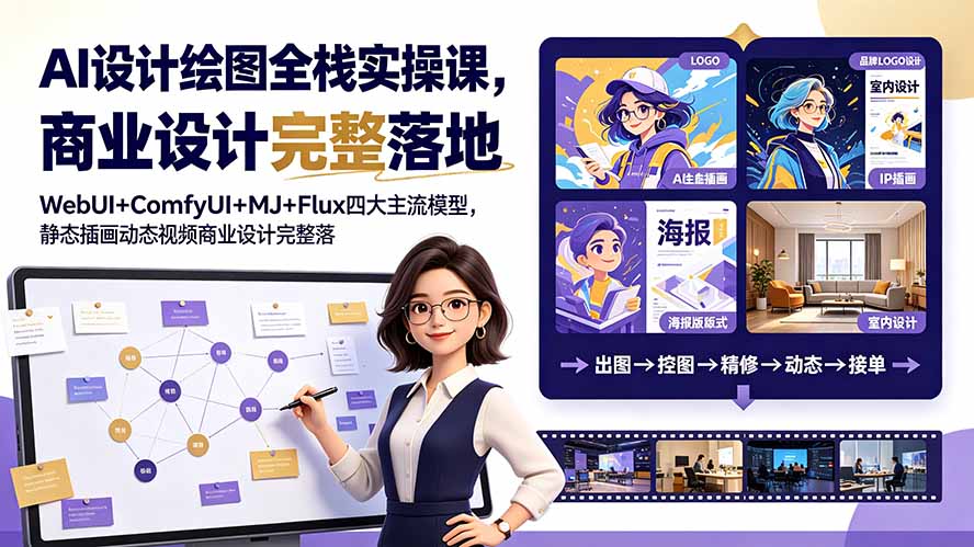 3f74a5e5d1718d8a95eac51747f6906f.jpeg AI设计绘图全栈实操课,WebUI+ComfyUI+MJ+Flux四大主流模型,静态插画动态视频商业设计完整落地教程