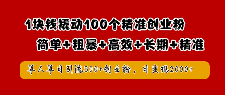 1块钱撬动100个精准创业粉，简单粗暴高效长期精准，单人单日引流500+创业粉，日变现2k【揭秘】-鼎铸网