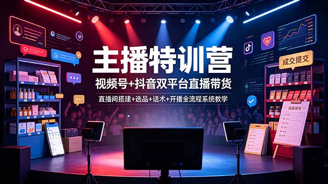40e533872c73ca39e017e5ad8b0dc338.jpeg 主播特训营:视频号+抖音双平台直播带货,直播间搭建+选品+话术+开播全流程系统教学