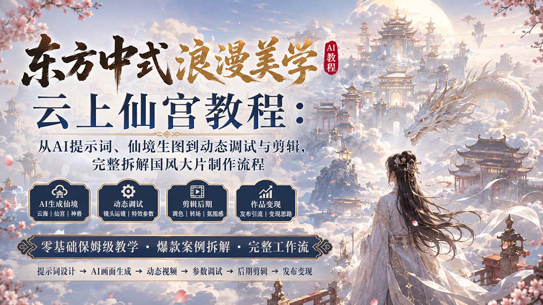 东方中式浪漫美学云上仙宫教程：从AI提示词、仙境生图到动态调试与剪辑，完整拆解国风大片制作流程-鼎铸网
