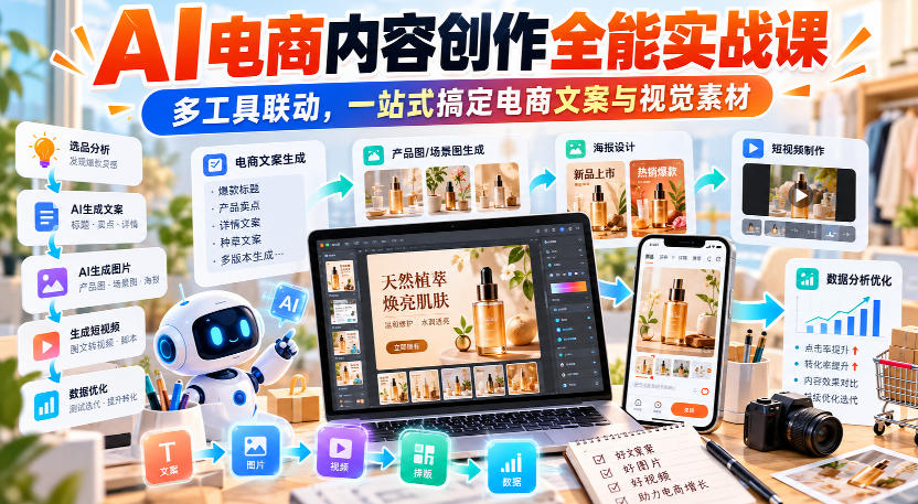 【无水印】AI电商内容创作全能实战课｜多工具联动，一站式搞定电商文案与视觉素材-鼎铸网