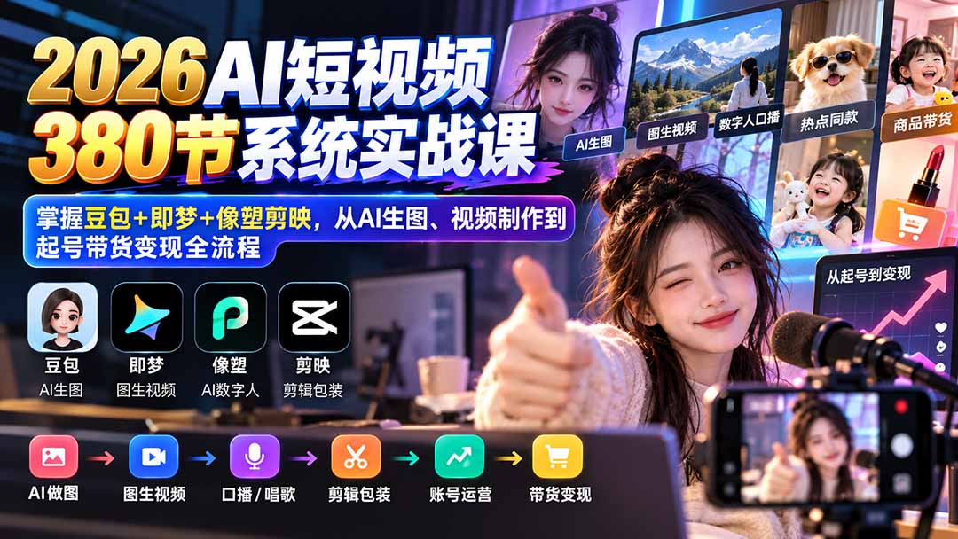 420ff16bedd1bbbcc8adb406d3542855.jpeg 【无水印】2026AI短视频380节系统实战课:掌握豆包+即梦+像塑剪映,从AI生图、视频制作到起号带货变现全流程